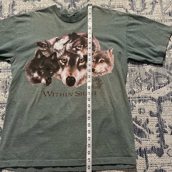 VTG 90's Wolf "Within Sight" Green Comedy Alpha Wolf Pack T Shirt L 20 x 28 - Picture 5 of 6